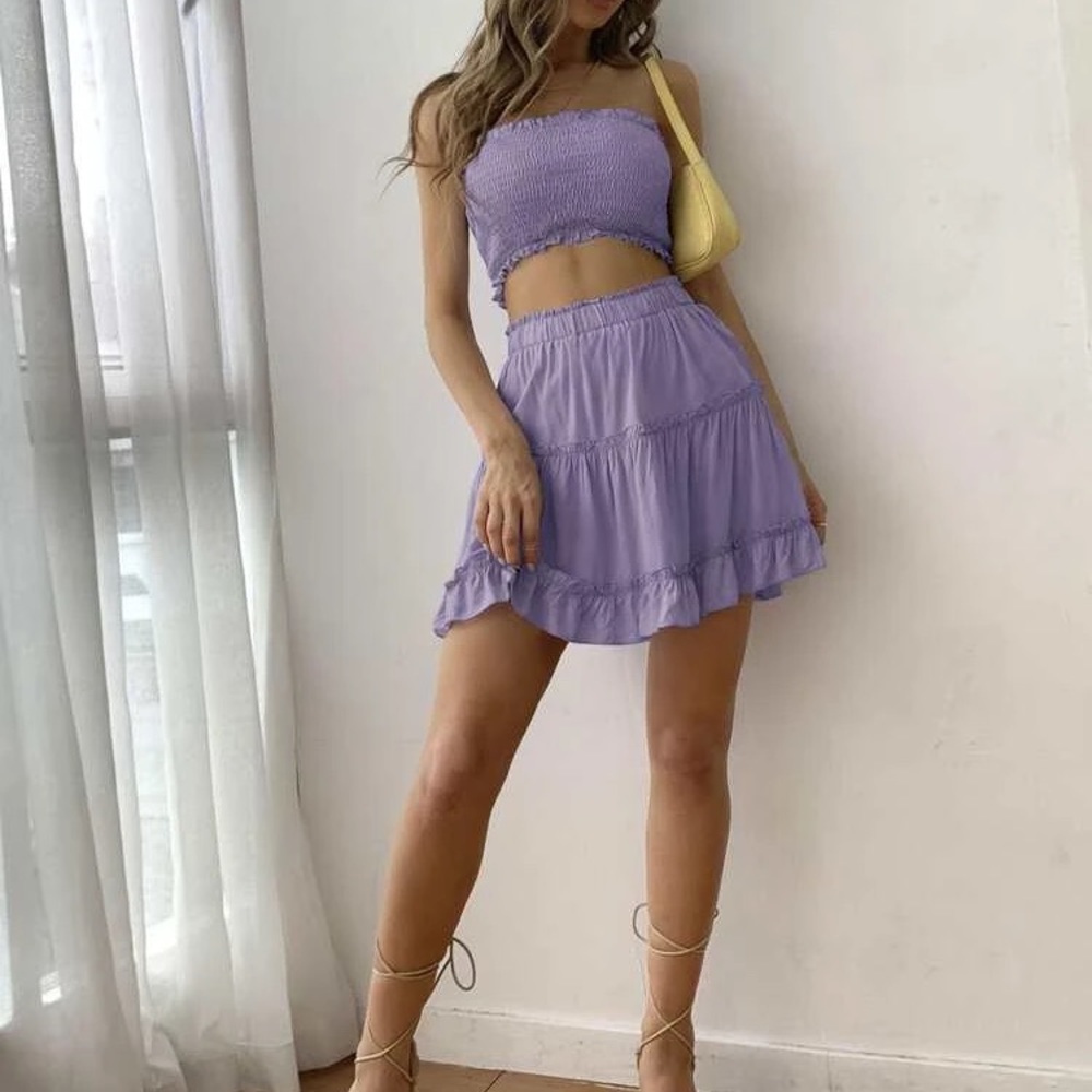 Solid Tube Top & Ruffle Hem Skirt Set